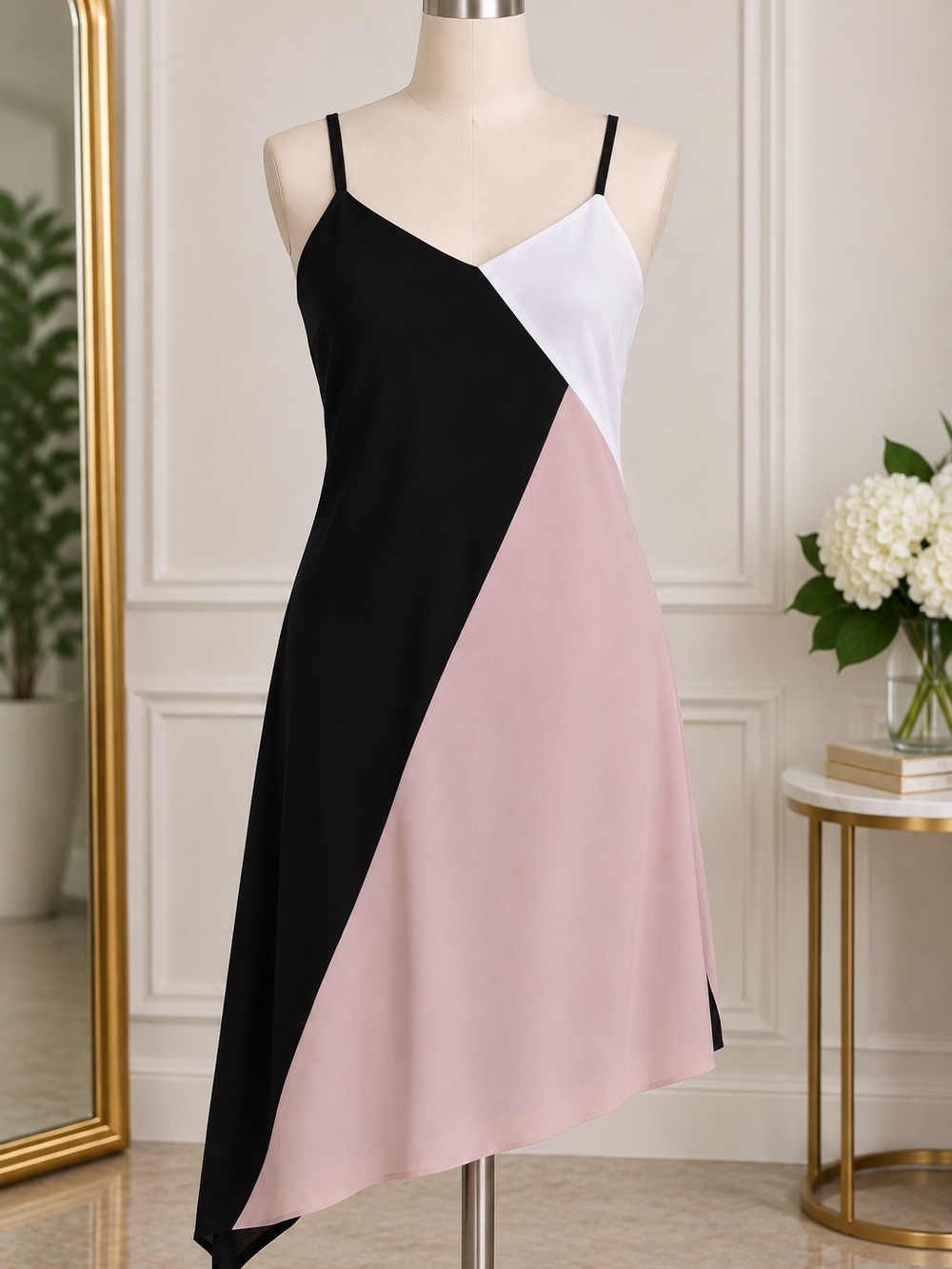 Bar III Black, White & Dusty Pink Colorblock Slip Dress